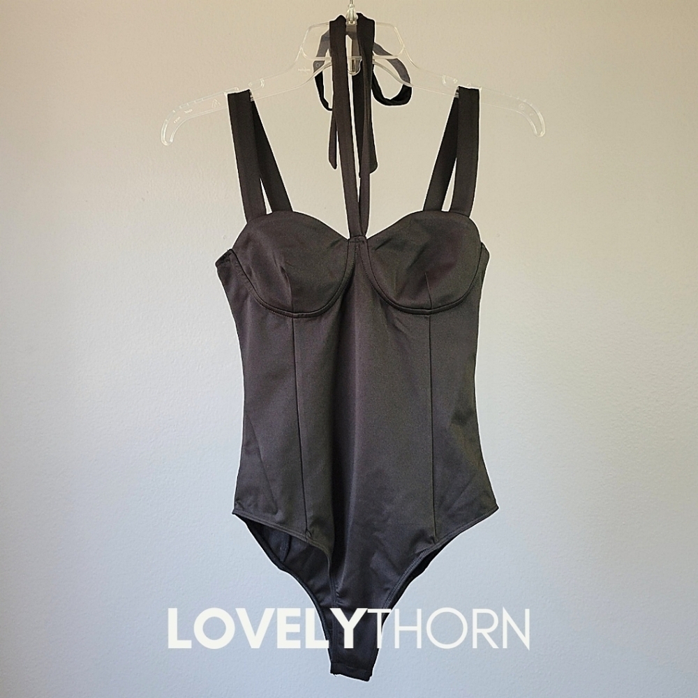 LULU'S // black satin strappy sweetheart bustier corset halter neck tie bodysuit